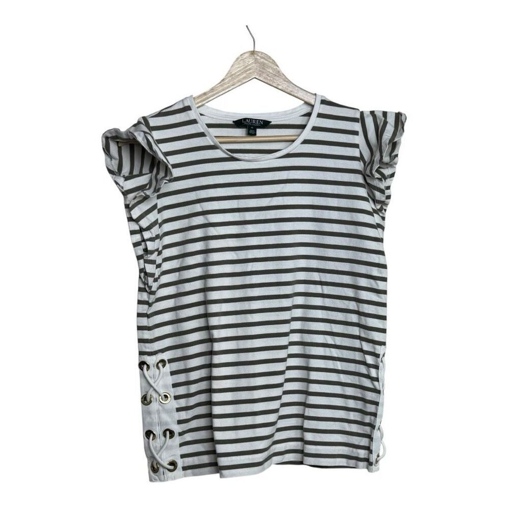 Lauren Ralph Lauren olive green stripe women top size medium cotton‎